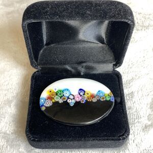 Vintage Murano Millefiori Glass 2" Brooch Oval Black White Floral Italy Art